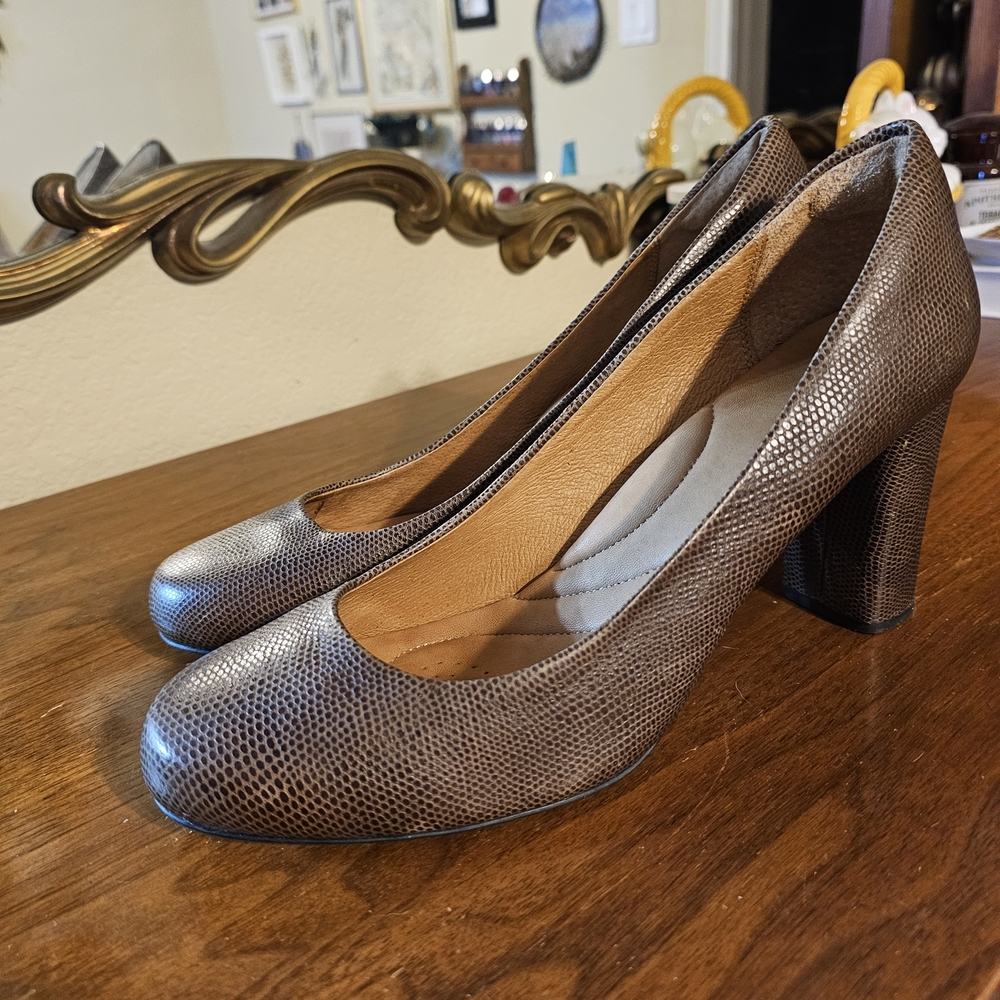 Clarks Taupe Snake-Embossed Block Heel Pumps